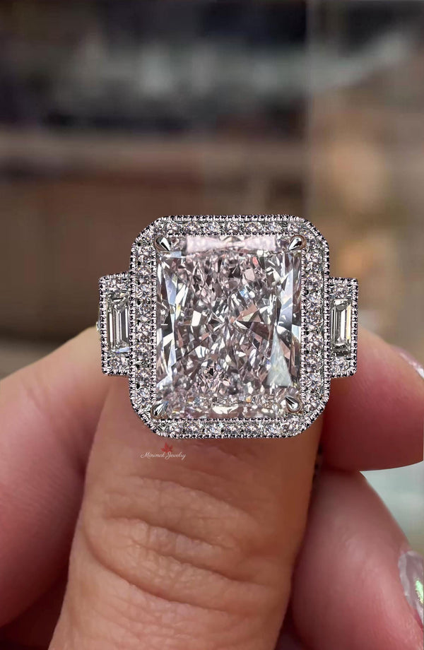 Radiant Cut Moissanite Engagement Ring 10 CT Three Stone Halo Filigree Ring Art Deco Wedding Ring Statement Large Diamond Anniversary ring