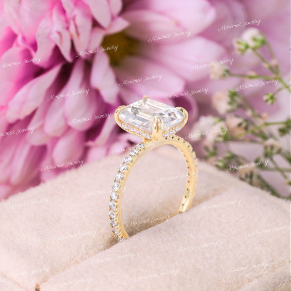 2.5 CT Emerald cut engagement ring,hidden halo,Moissanite Emerald solitaire ring,1.5mm thin band,modern aniversary ring,wedding ring,women