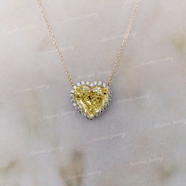 Heart moissanite pendant necklace,18k/14k solid gold chain necklace 4.27 CT yellow heart halo pendant moissanite necklace,solitaire necklace