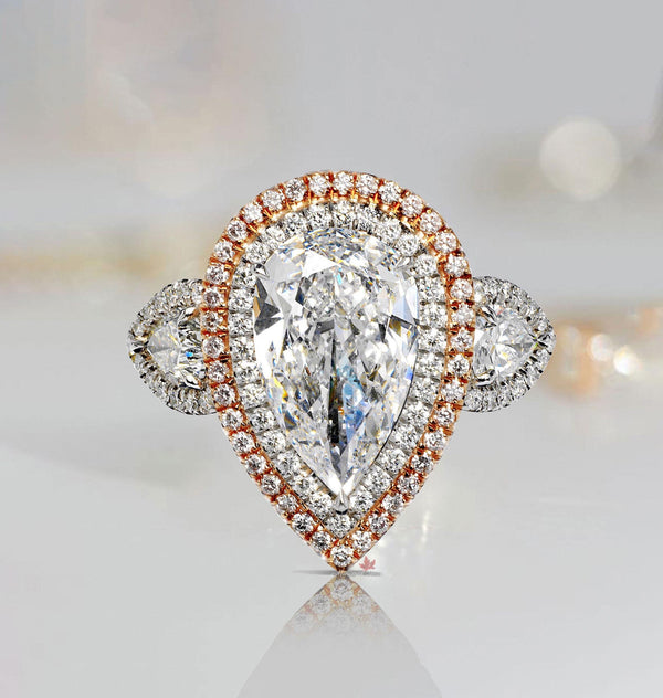 6 CT pear shaped engagement ring large Three stone pear moissanite engagement ring double halo two tone ring diamond cocktail wedding ring
