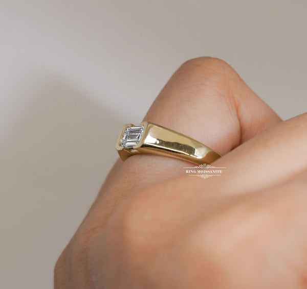 mens moissanite ring unique mens wedding band gift for him bezel set ring for men white gold mens emerald ring promise ring for him Husband