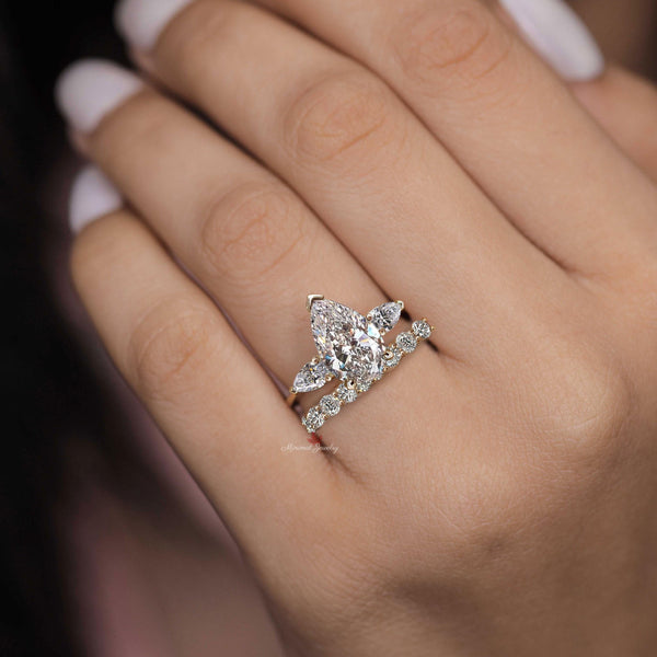 pear lab grown diamond engagement ring set 2.1CT lab diamond pear shaped ring Three stone wedding ring set Anniversary bridal ring women