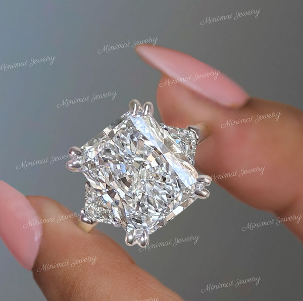 Radiant Cut Moissanite Engagement Ring Three-Stone with Hidden Halo & Side Trillion,9 CT Large Radiant Wedding Ring Women Anniversary Ring