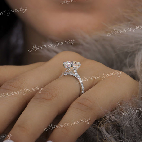 2.5CT oval moissanite engagement ring,14k white gold,hidden halo,oval cut moissanite solitaire,pave bridge cathedral ring,wedding ring,women