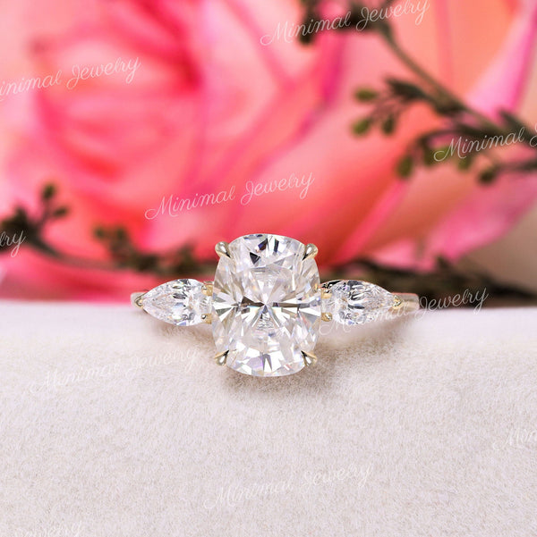 2.5 CT cushion cut engagement ring,moissanite three stone ring,pear side stone&elongated cushion moissanite ring,anniversary,wedding ring
