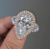 6 CT pear shaped engagement ring large Three stone pear moissanite engagement ring double halo two tone ring diamond cocktail wedding ring