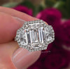 Three stone emerald cut engagement ring unique halo set shield&5CT emerald cut moissanite ring wedding ring women 3 stone anniversary ring