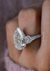 8ct Pear Moissanite Three Stone Engagement Ring: Hidden Halo, 14k White Gold