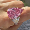 10.5 CT pink moissanite pear shaped engagement ring,large Three stone,trillion&pink pear moissanite,celebrity style cocktail wedding ring