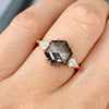 2.9 CT hexagon salt and pepper diamond ring,10k yellow gold three stone,Moissanite engagement ring,black diamond ring,ready to ship,6 US