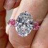 7.5CT Three stone oval engagement ring Large crushed ice oval moissanite ring&pink pear lab diamond hidden halo unique art deco wedding ring