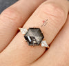 2.9CT hexagon salt and pepper diamond ring,2 kite shaped three stone engagement ring,unique claw prong wedding ring,anniversary,promise ring